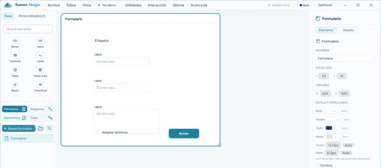Editor de Summr Design con la paleta de elementos, un formulario en el lienzo y el panel de propiedades