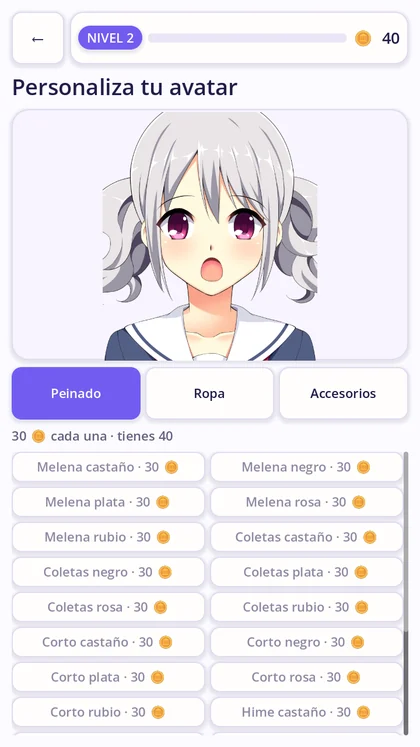 Pantalla de personalización del avatar con peinados, ropa y accesorios que se compran con monedas