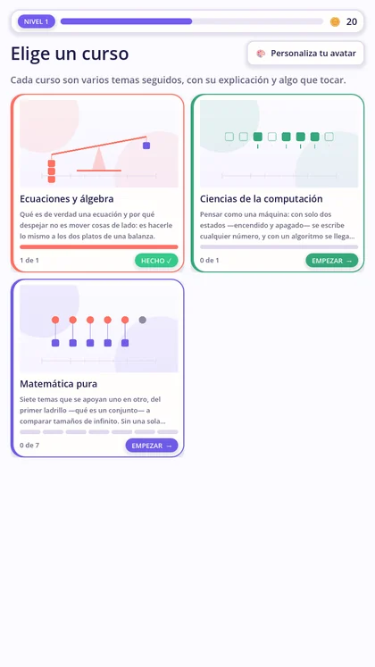 Portada de Cursos 3D con las tarjetas de los tres cursos y su progreso
