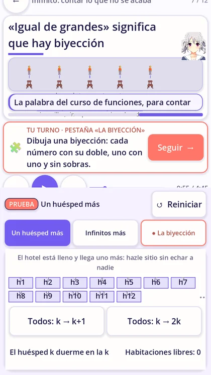 Vista vertical: la explicación arriba con la consigna y el ejercicio del hotel infinito abajo