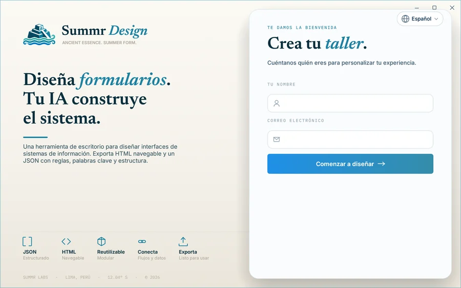 Pantalla de acceso de Summr Design con el formulario para crear el taller de trabajo