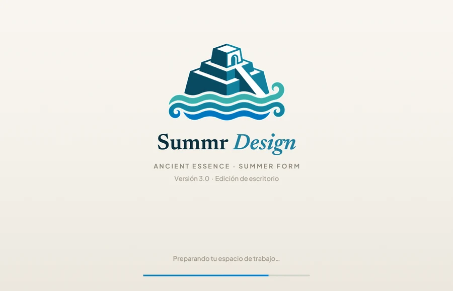 Pantalla de arranque de Summr Design sobre papel hueso con el logo del ziggurat