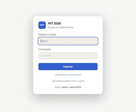 Pantalla de acceso de MIT 2026 con los campos de usuario y contraseña