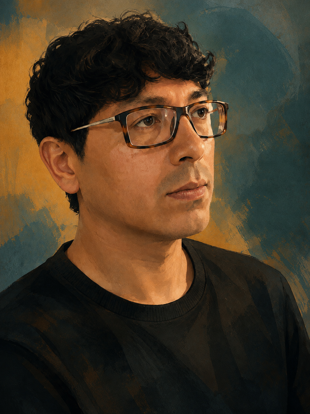 Retrato ilustrado de Paul Aquino por capas, con suéter negro y mirada hacia la derecha.